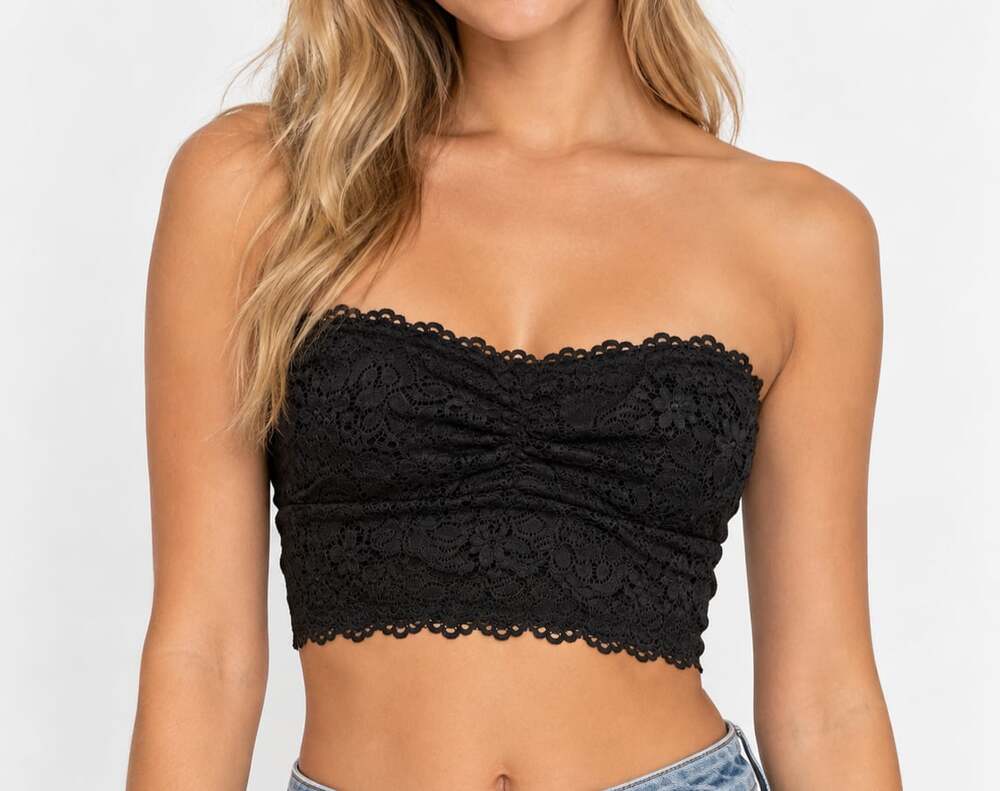 Aerie Black Floral Lace Bandeau Bra Strapless Ruched Crop Top